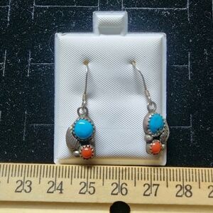 Native American Old Pawn Sterling Silver/Turquoise/Coral Earrings Drop